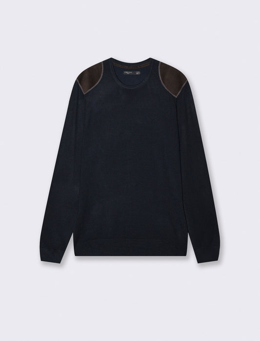 Maglia girocollo slim fit con toppe velluto - Blu