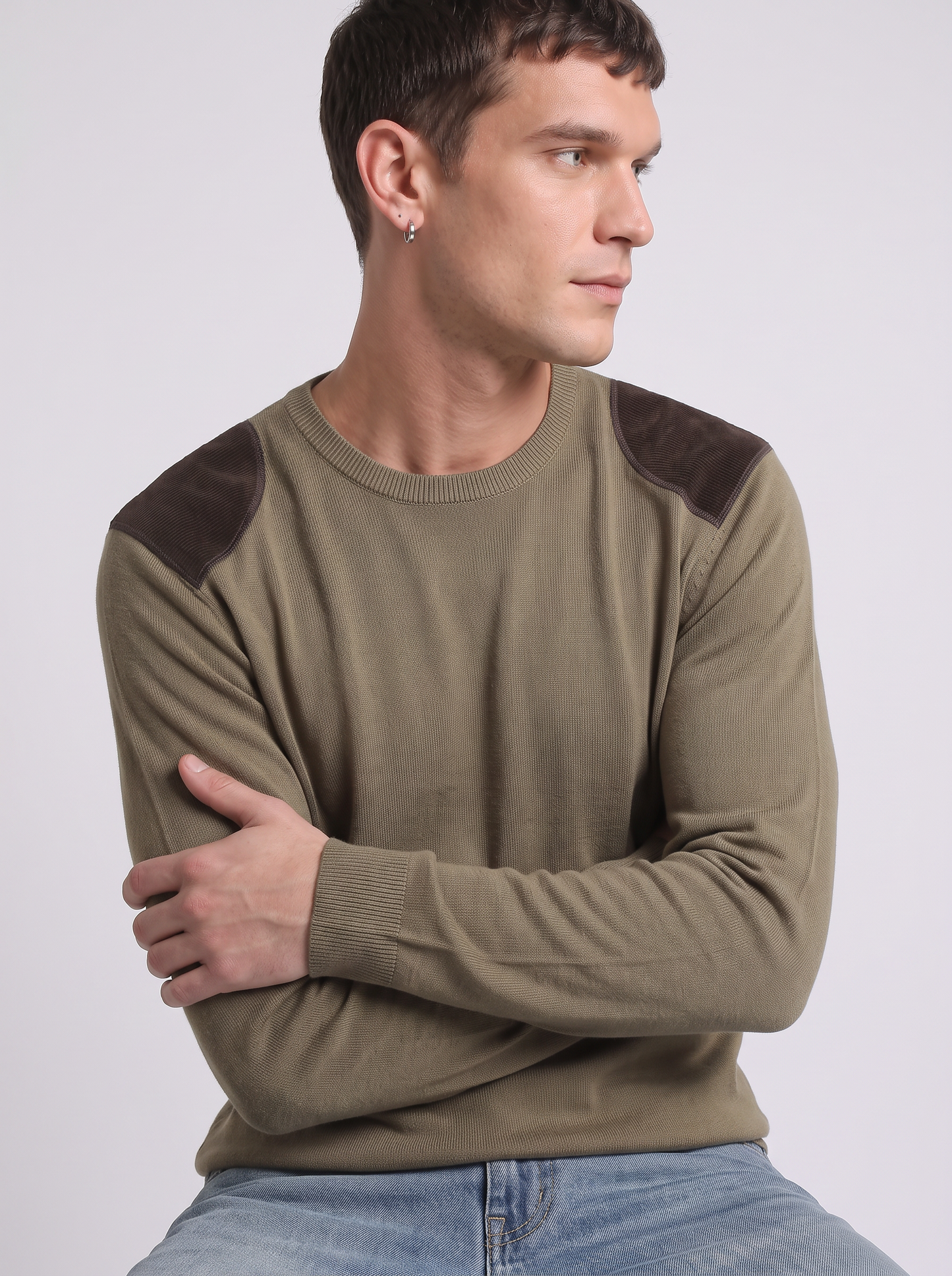 Slim fit crew neck sweater with velvet patches - Green