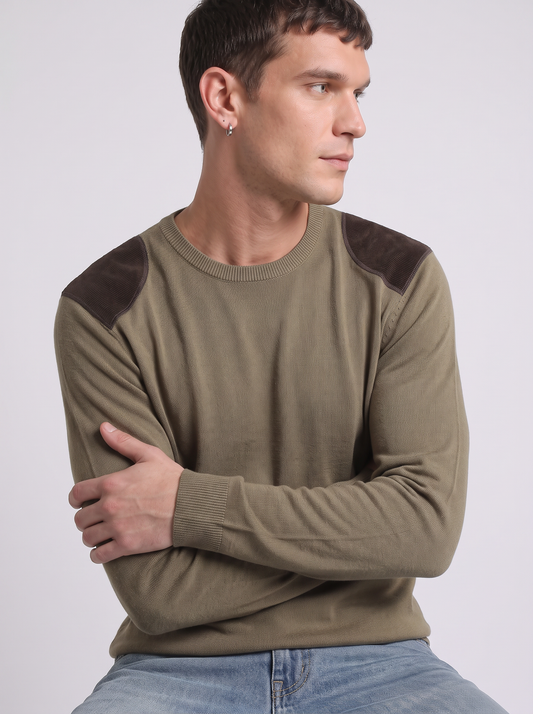 Maglia girocollo slim fit con toppe velluto - Verde kaki