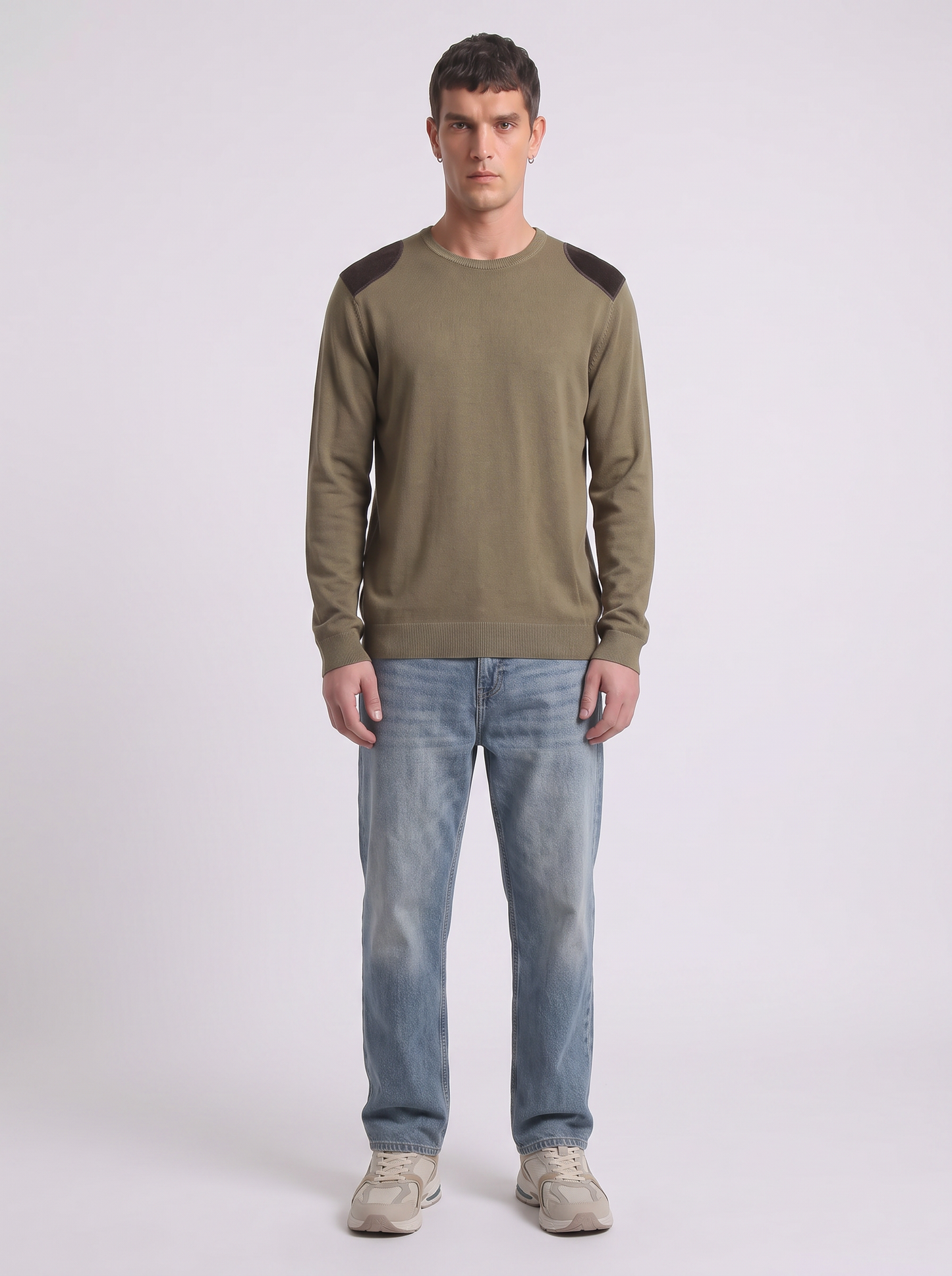 Slim fit crew neck sweater with velvet patches - Green