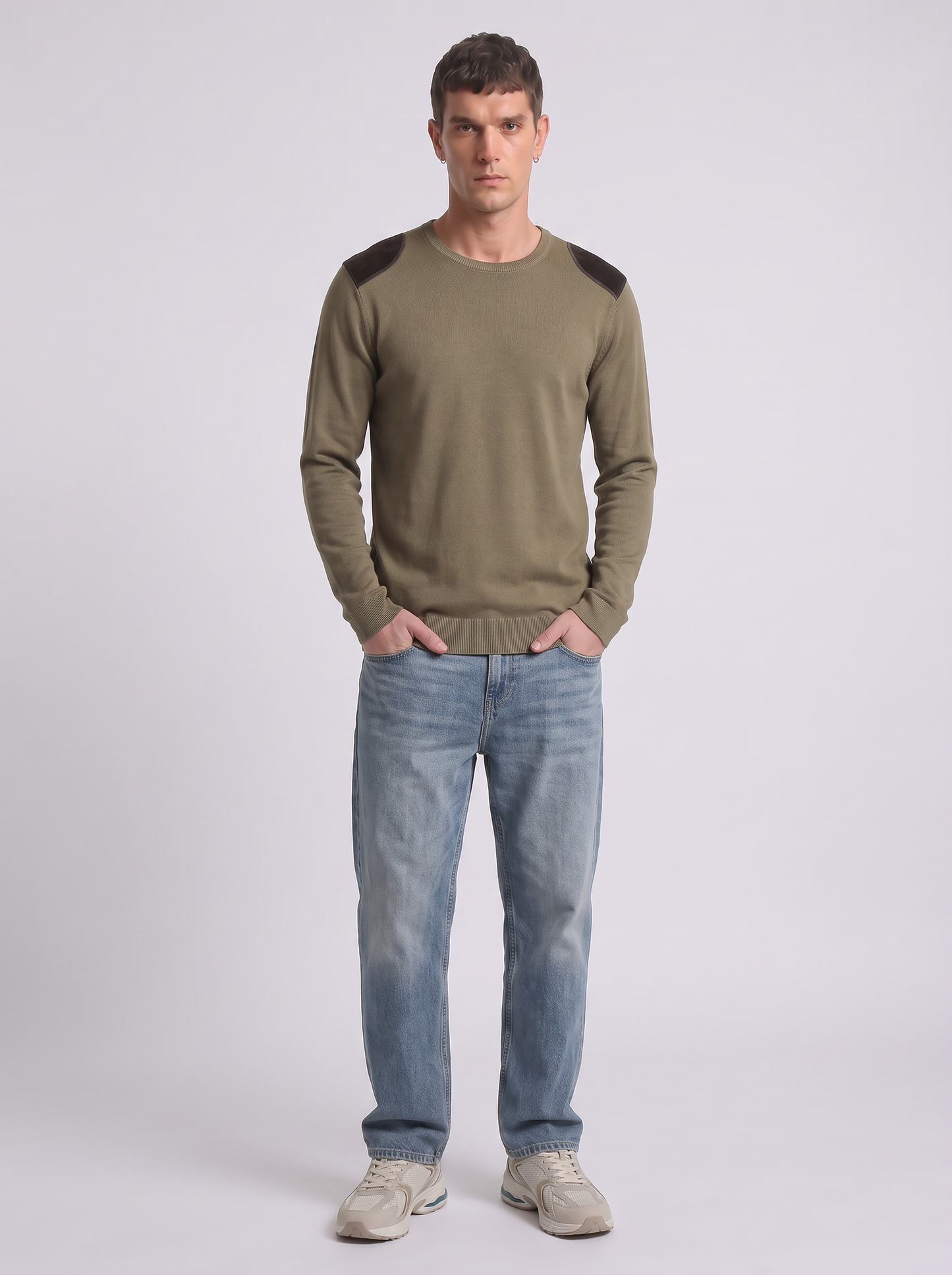 Slim fit crew neck sweater with velvet patches - Green