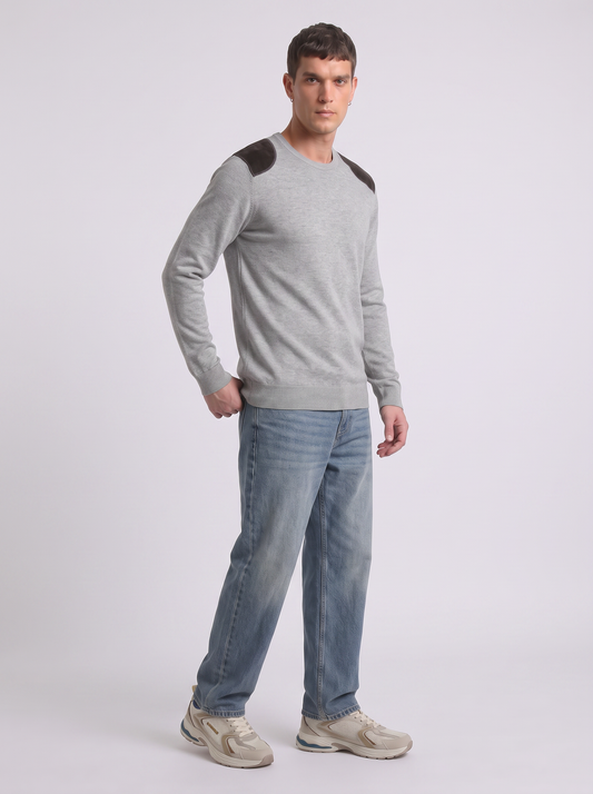 Maglia girocollo slim fit con toppe velluto - Grigio mel.