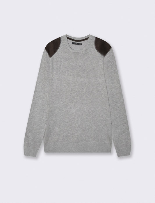 Maglia girocollo slim fit con toppe velluto - Grigio mel.