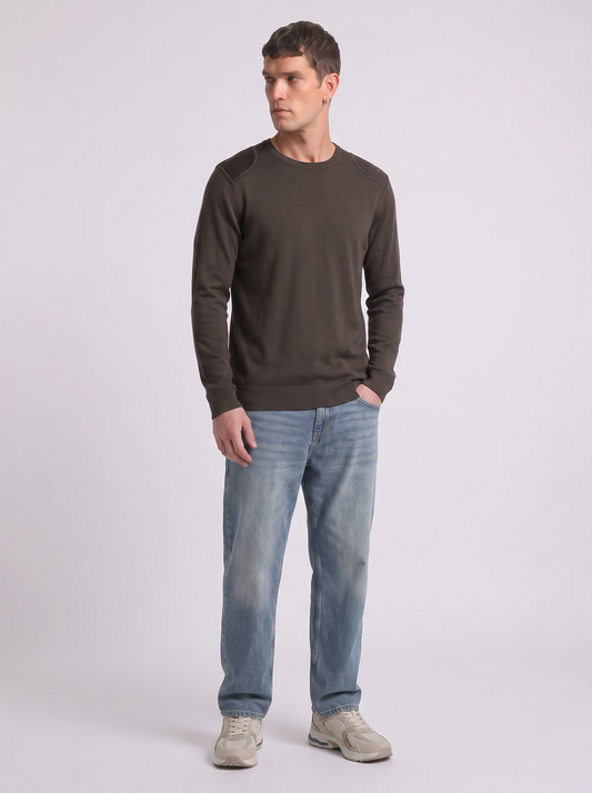Maglia girocollo slim fit con toppe velluto - Moro