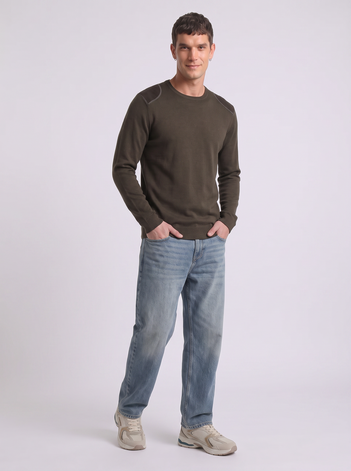 Slim fit crew neck sweater with velvet patches - Brown