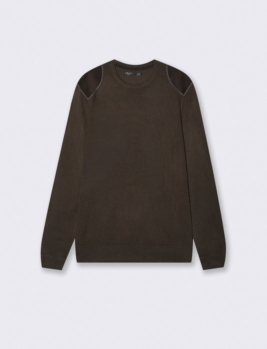 Maglia girocollo slim fit con toppe velluto - Moro