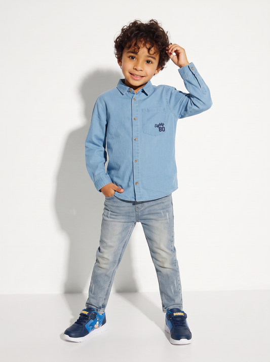 Camicia in oxford 100% cotone con ricamo - Azzurro