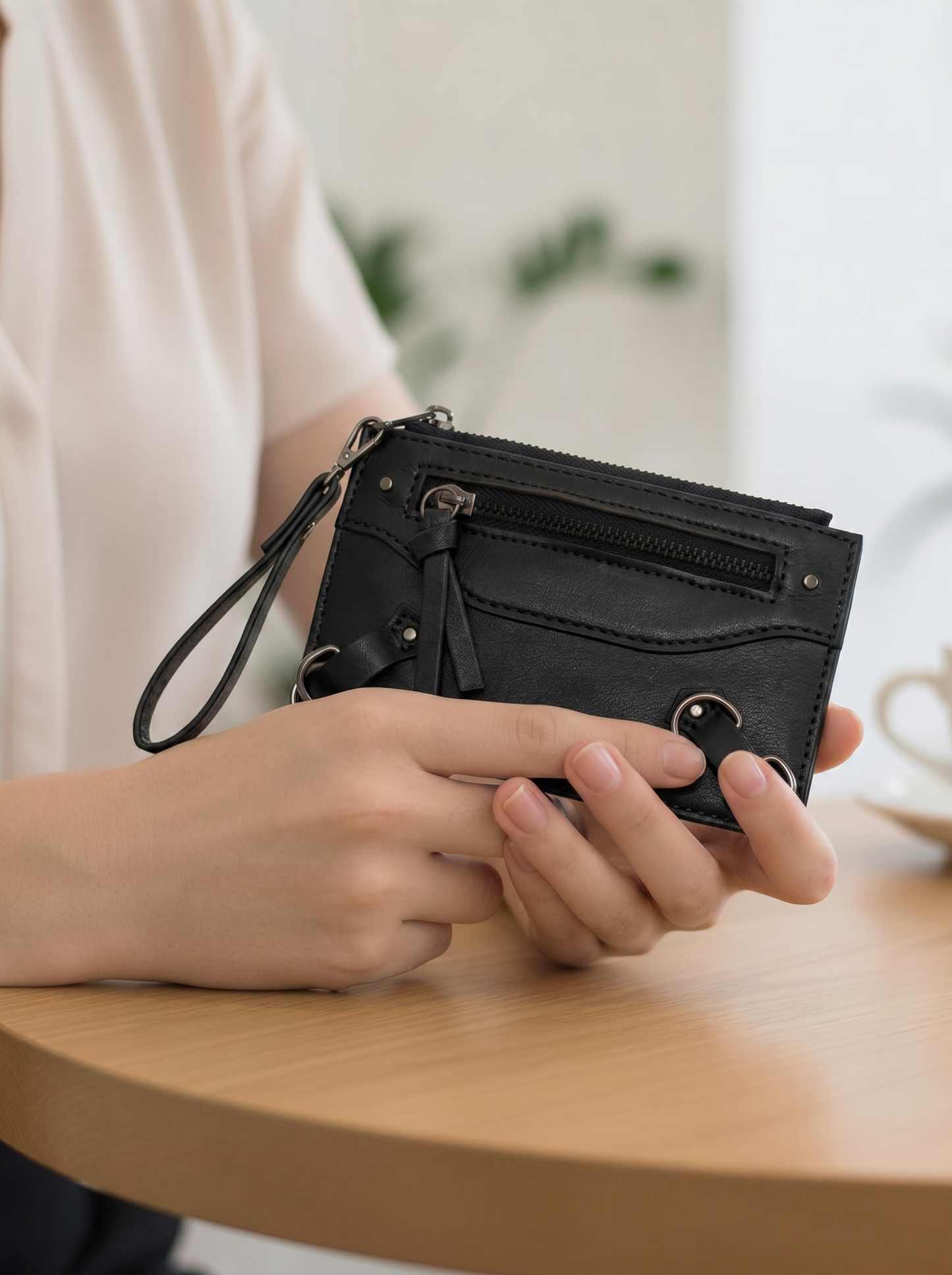 Card holder with zip and hooks - Black