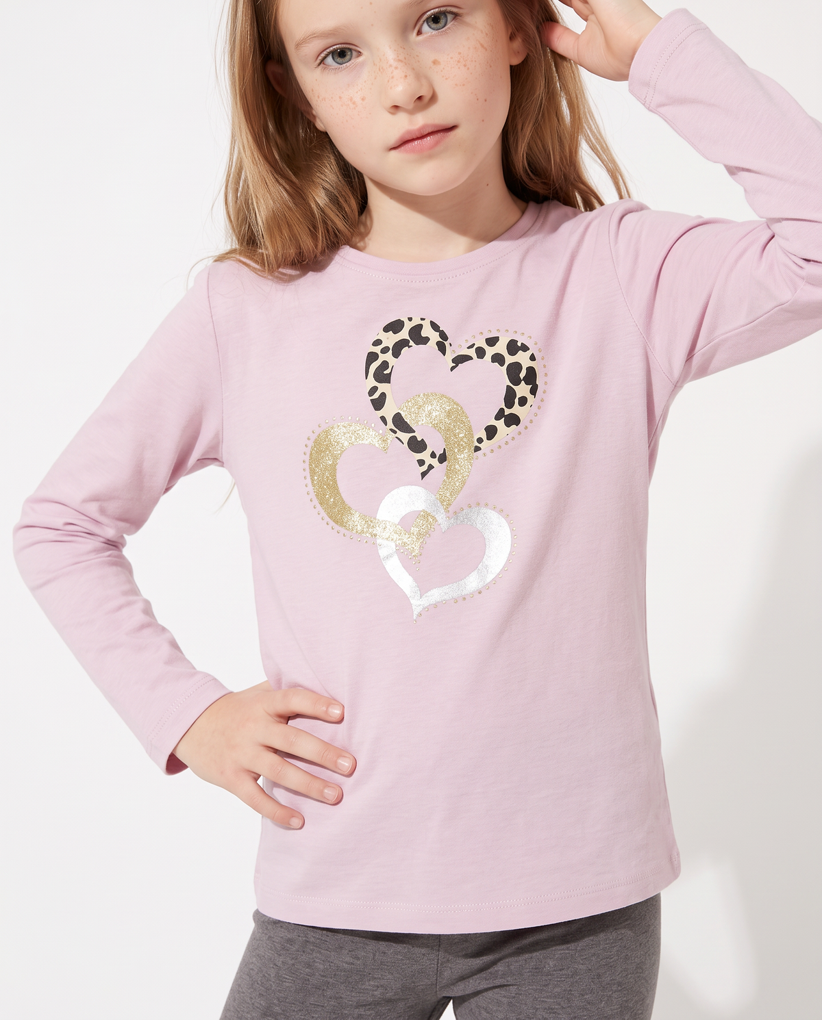 T-shirt in cotone manica lunga regolare - Rosa polvere