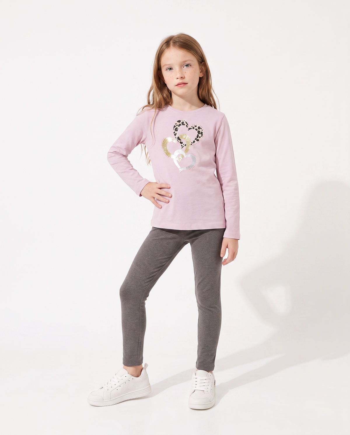 T-shirt in cotone manica lunga regolare - Rosa polvere