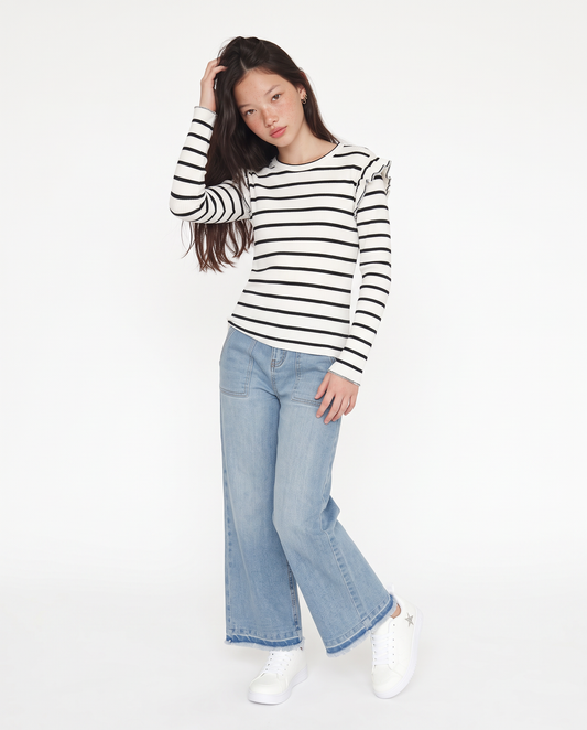 Striped T-shirt with elegant ruffles - White