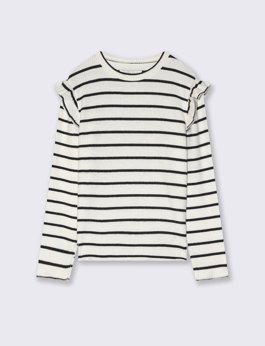 Striped T-shirt with elegant ruffles - White