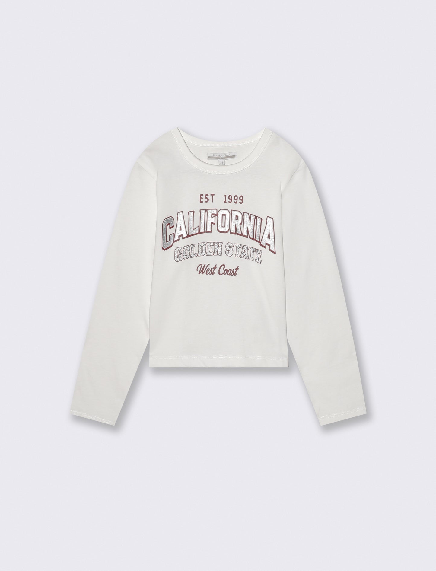 T-shirt manica lunga con strass e stampa - Bianco latte