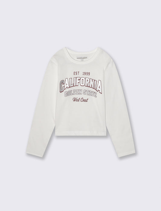 Long sleeve T-shirt with rhinestones and print - White