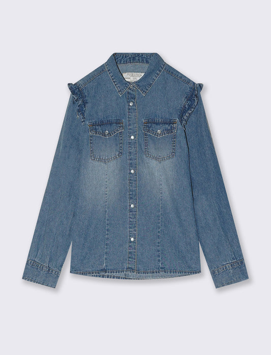 Camicia denim leggera con rouches spalla - Denim