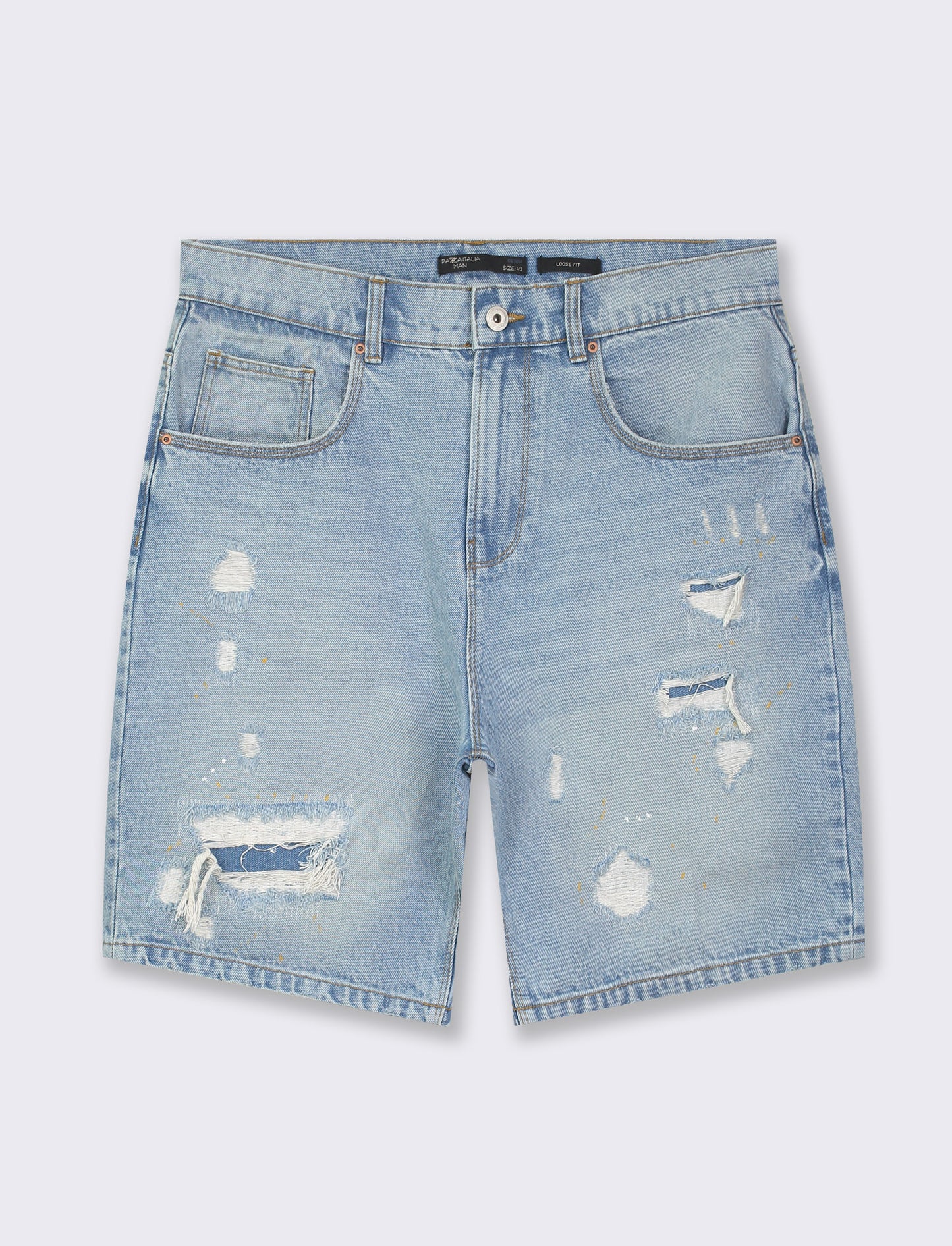 Loose Fit Jeans Bermuda with Distressed Denim and Paint Splotch Effect - Blue