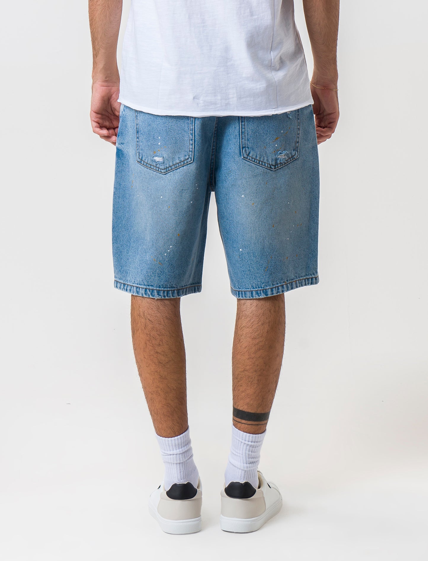 Loose Fit Jeans Bermuda with Distressed Denim and Paint Splotch Effect - Blue