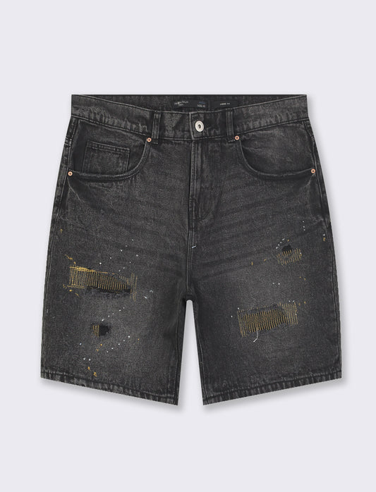 Loose Fit Jeans Bermuda with Distressed Denim and Paint Splotch Effect - Black