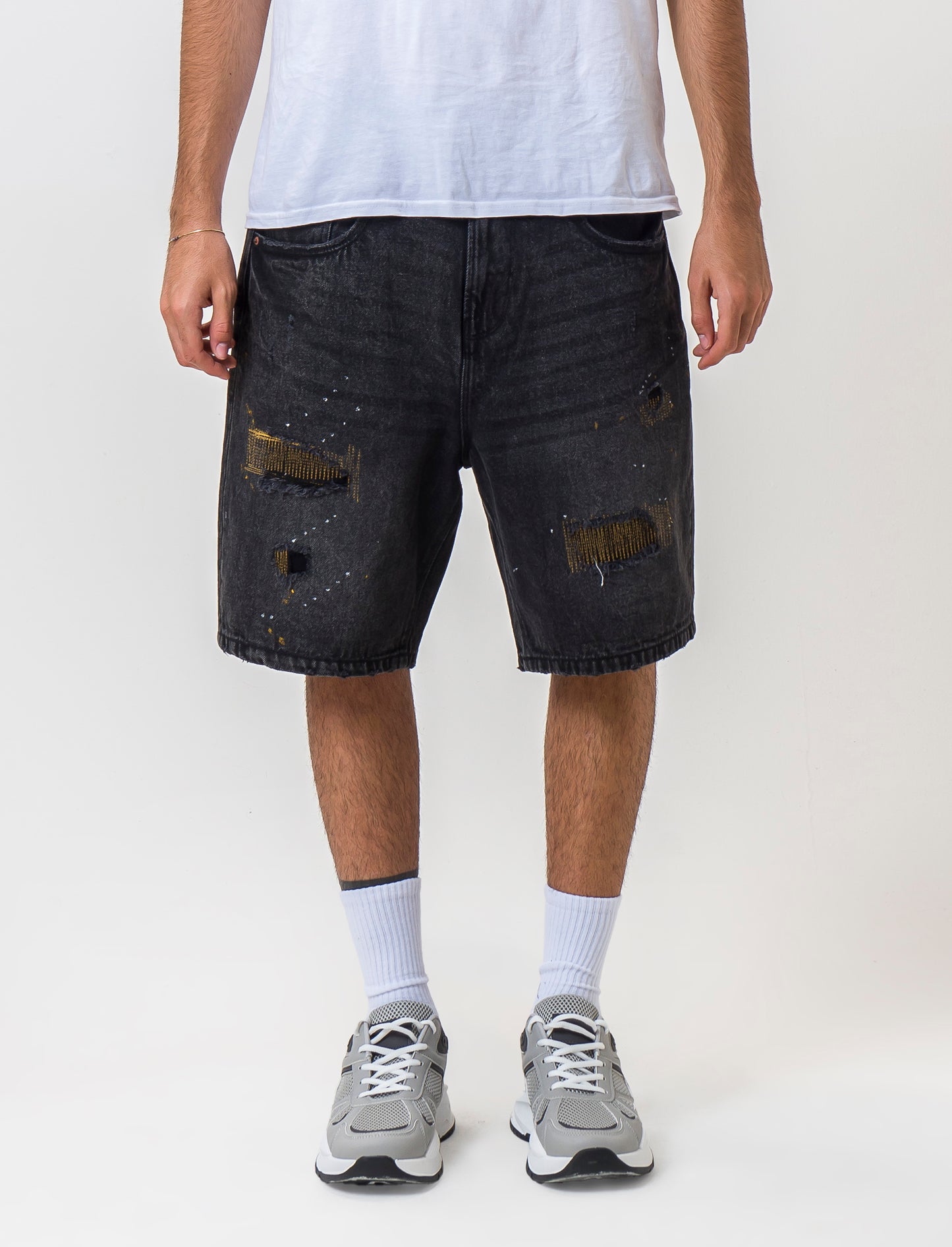 Loose Fit Jeans Bermuda with Distressed Denim and Paint Splotch Effect - Black