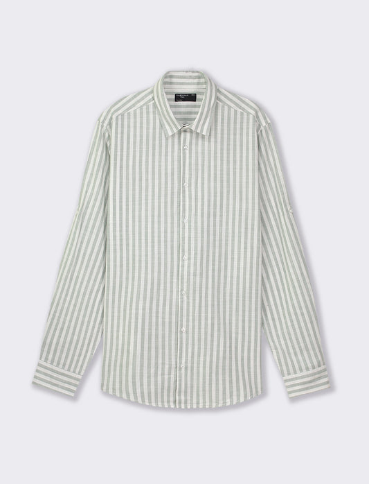 Striped Cotton Regular Fit French Collar Shirt - Green