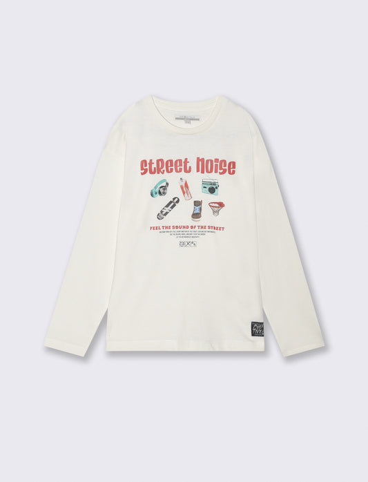 T-shirt in cotone e jersey con stampa - Bianco latte