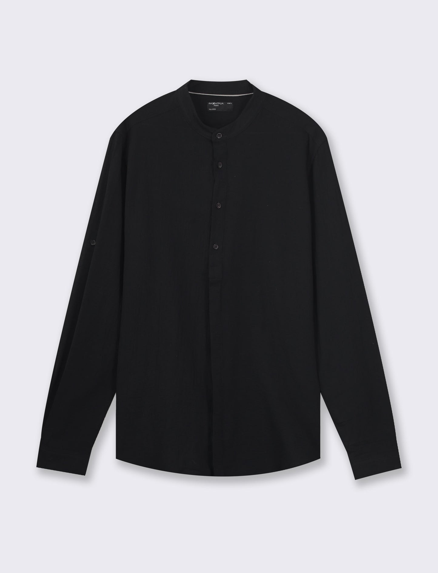 Cotton Crepe Regular Fit Shirt with Korean Collar and Long Sleeves - Black