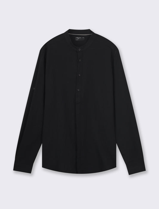 Cotton Crepe Regular Fit Shirt with Korean Collar and Long Sleeves - Black