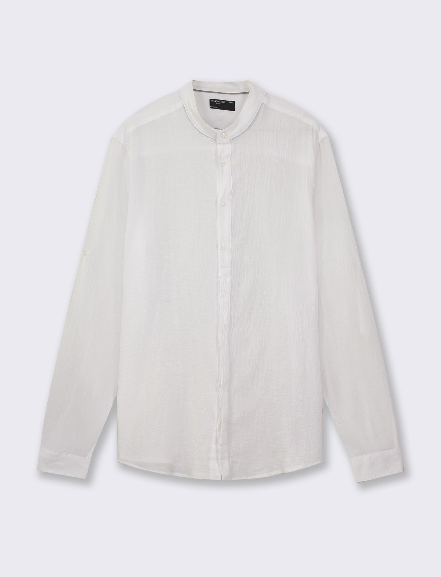 Cotton Crepe Regular Fit Shirt with Korean Collar and Long Sleeves - White