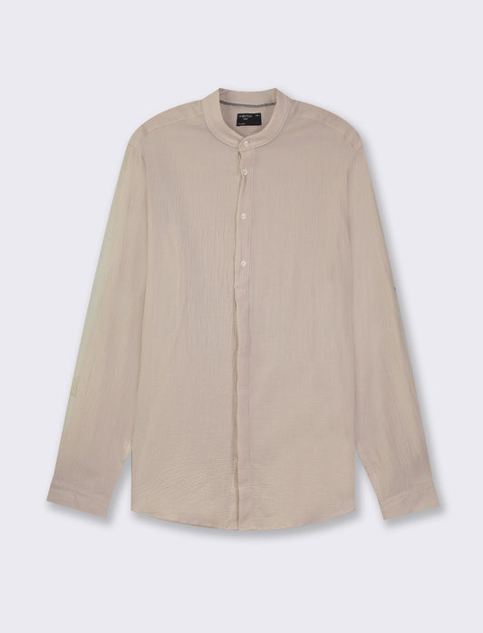 Cotton Crepe Regular Fit Shirt with Korean Collar and Long Sleeves - Beige