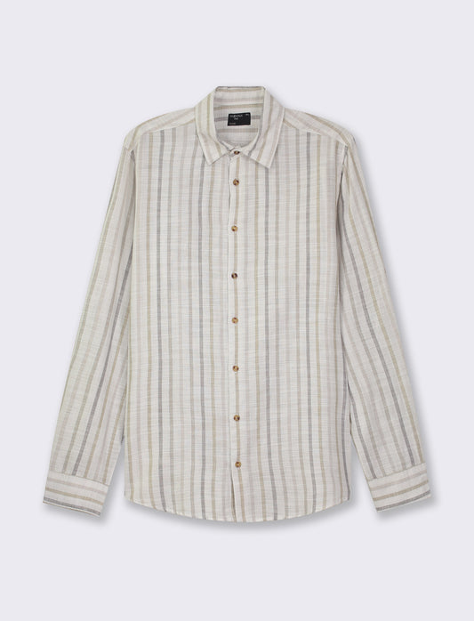 Striped Cotton Regular Fit French Collar Shirt - Beige