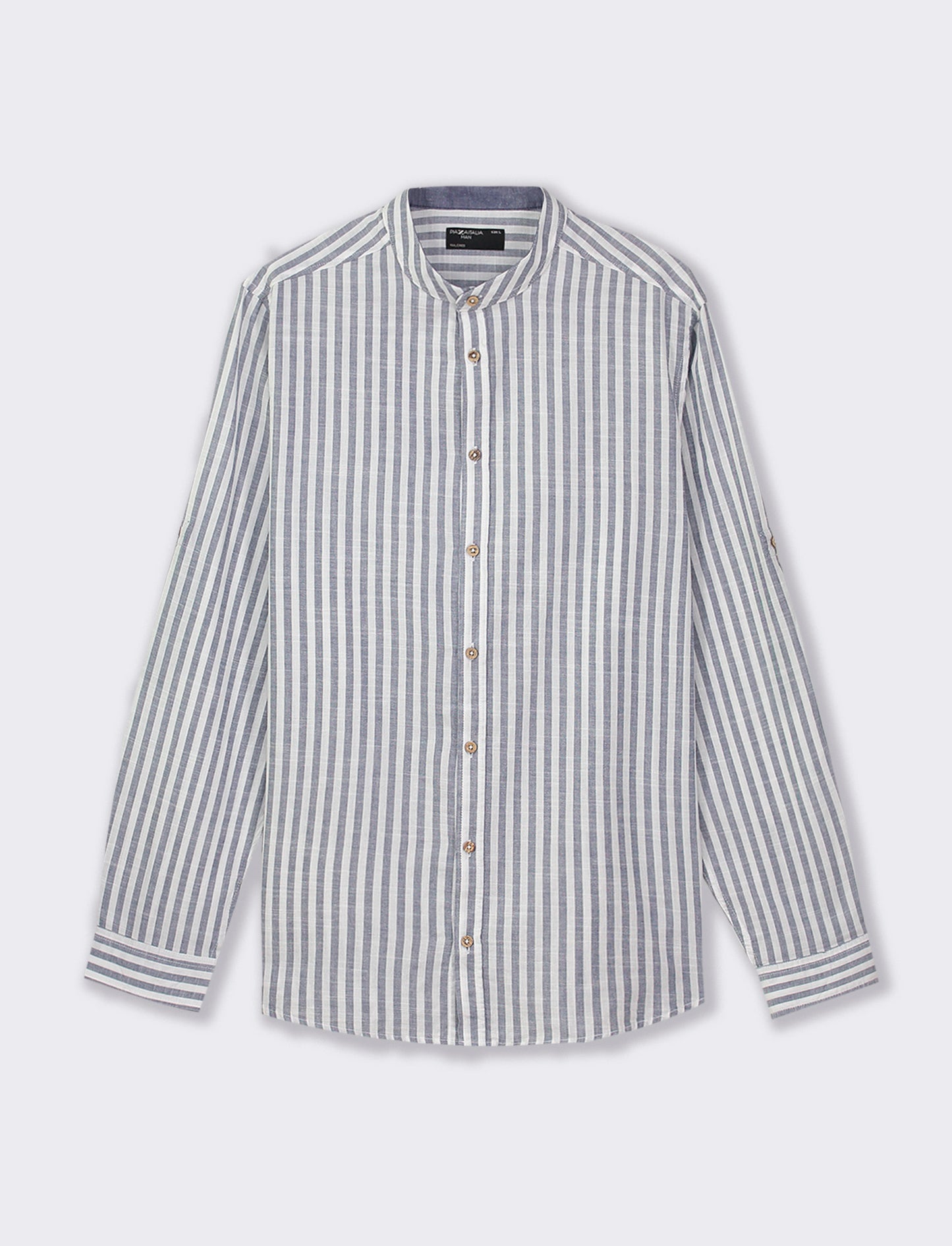 Striped Cotton Regular Fit Shirt with Korean Collar and Long Sleeves - Blue