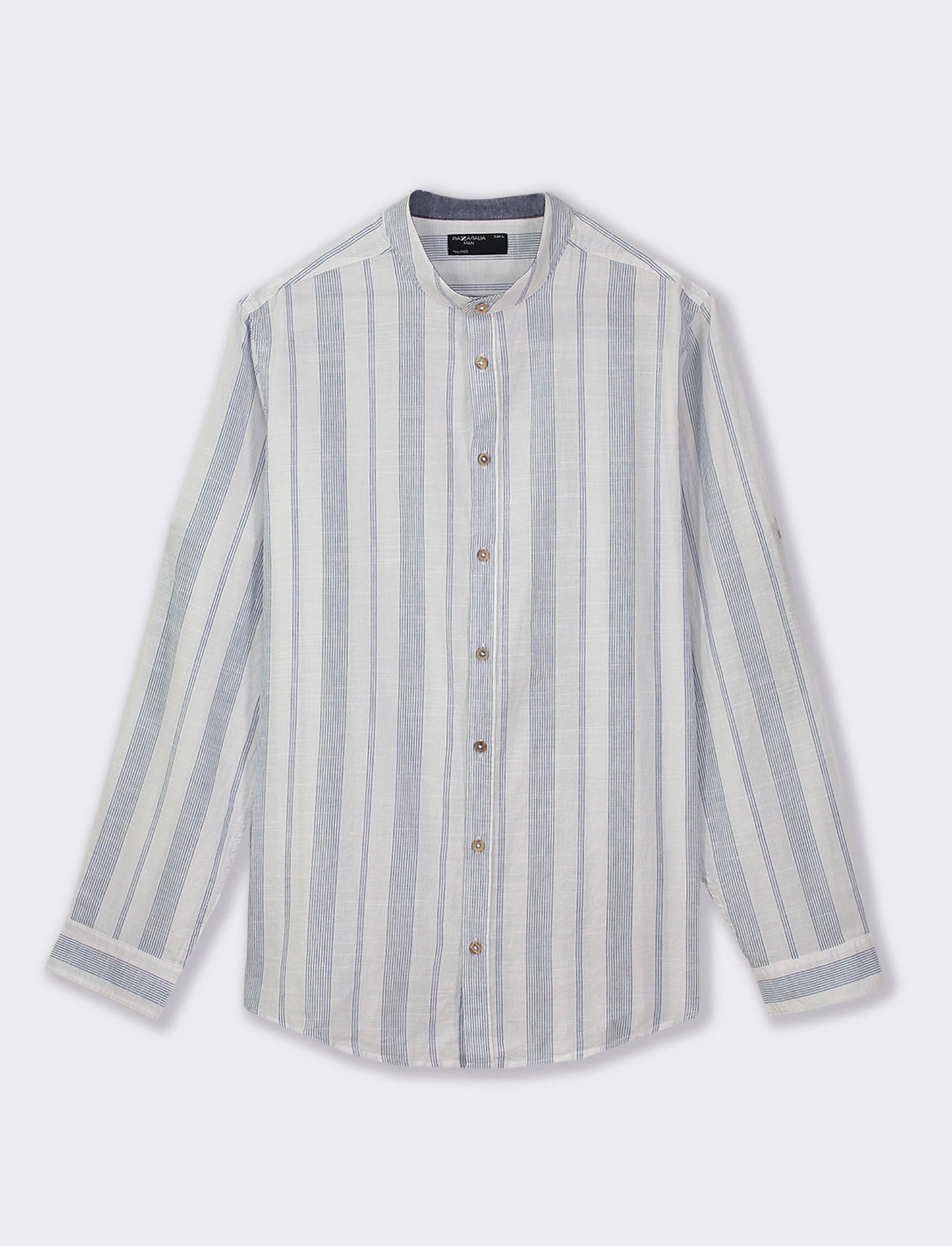 Striped Cotton Regular Fit Shirt with Korean Collar and Long Sleeves - Blue