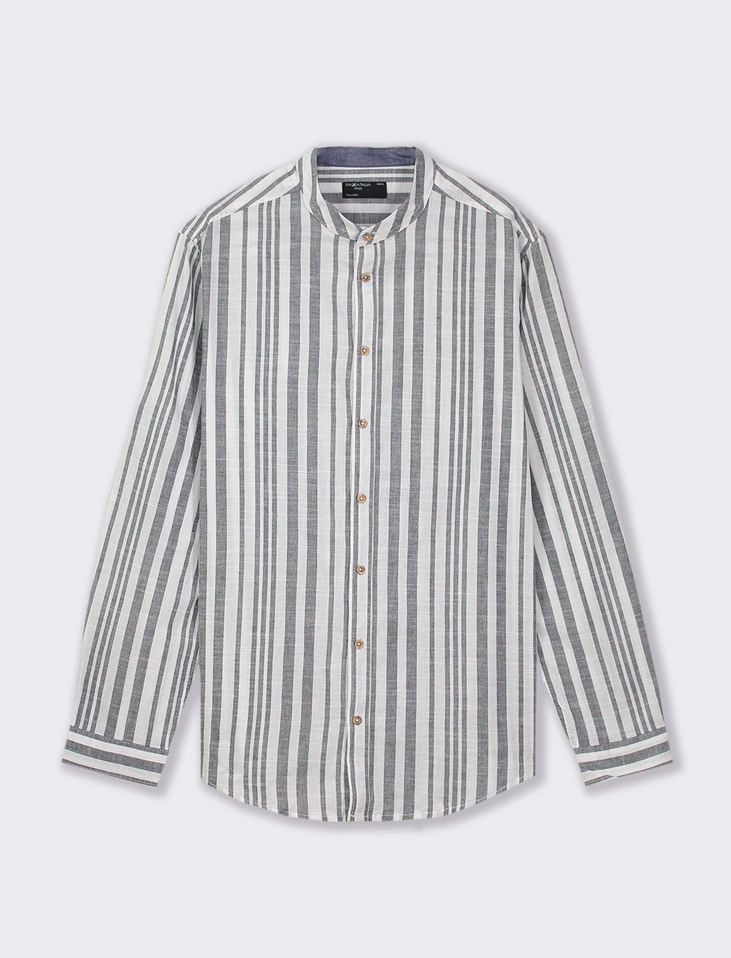 Striped Cotton Regular Fit Shirt with Korean Collar and Long Sleeves - Grey