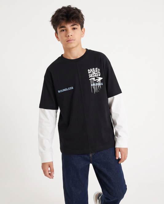 T-shirt bicolor maniche lunghe con stampa - Nero