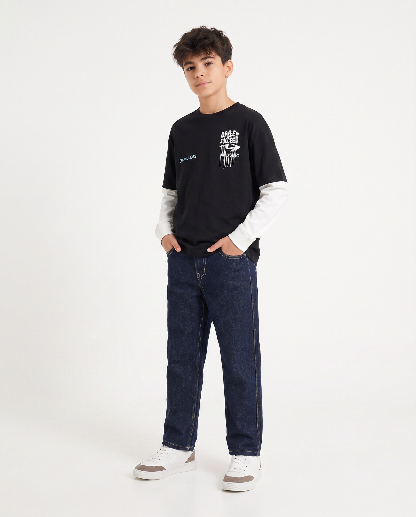 Bicolor long sleeve T-shirt with print - Black