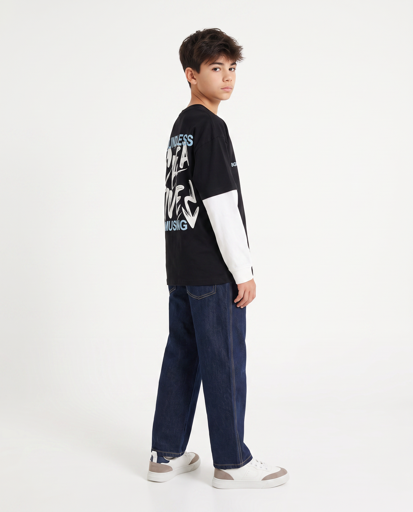 Bicolor long sleeve T-shirt with print - Black