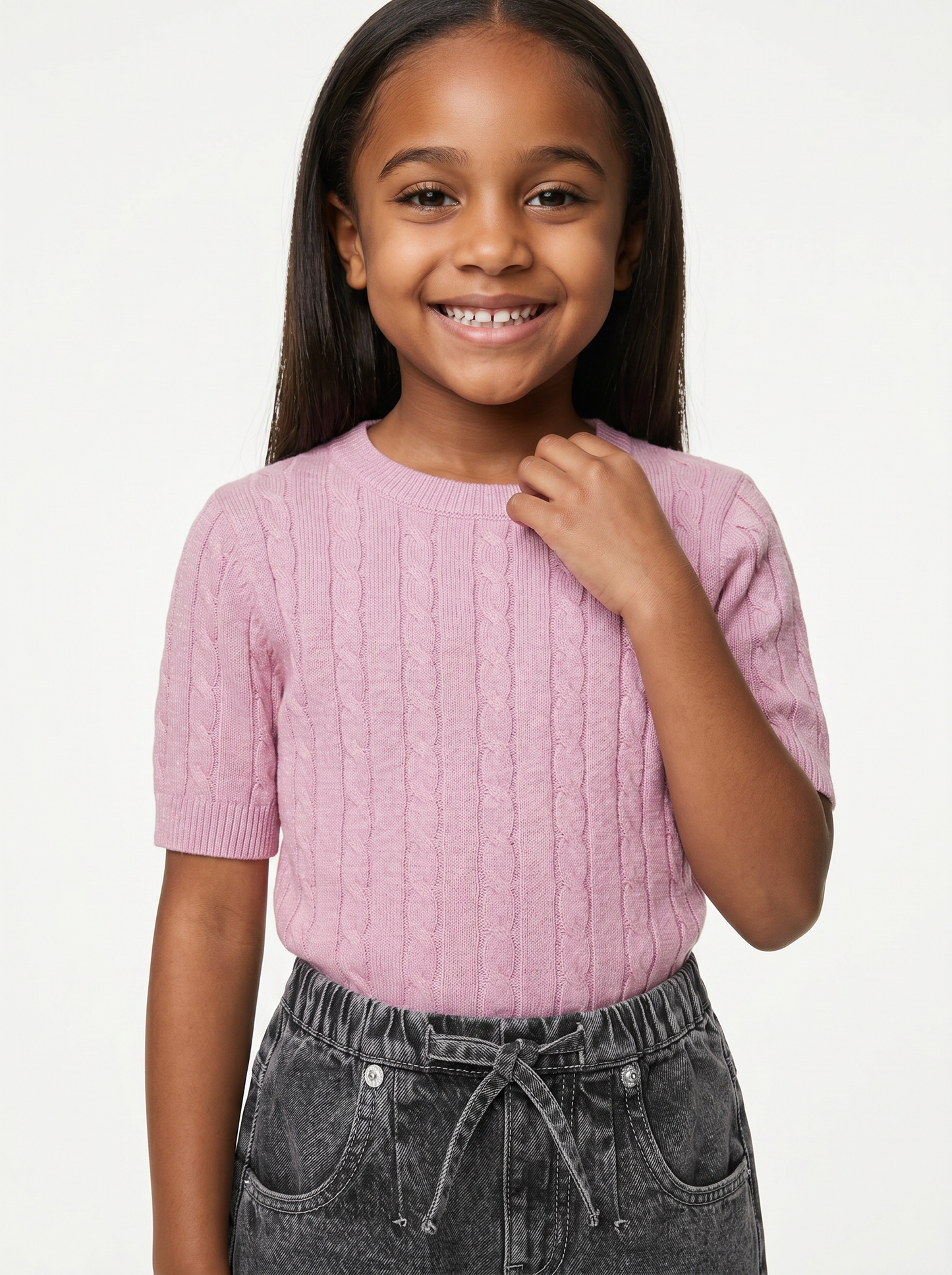 Pullover a mezza manica con trecce - Rosa polvere