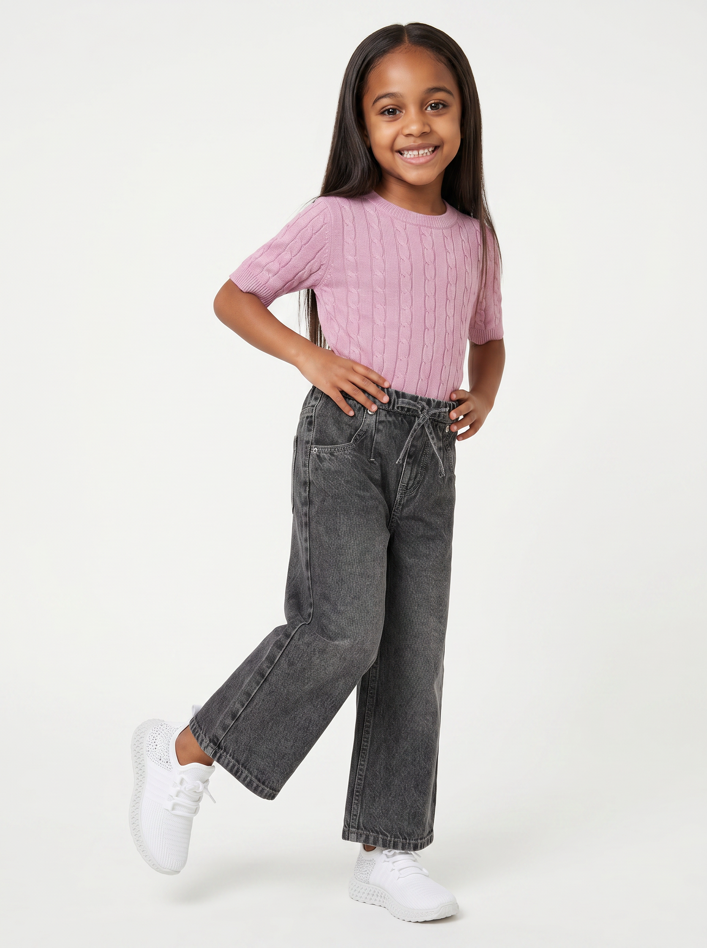 Pullover a mezza manica con trecce - Rosa polvere
