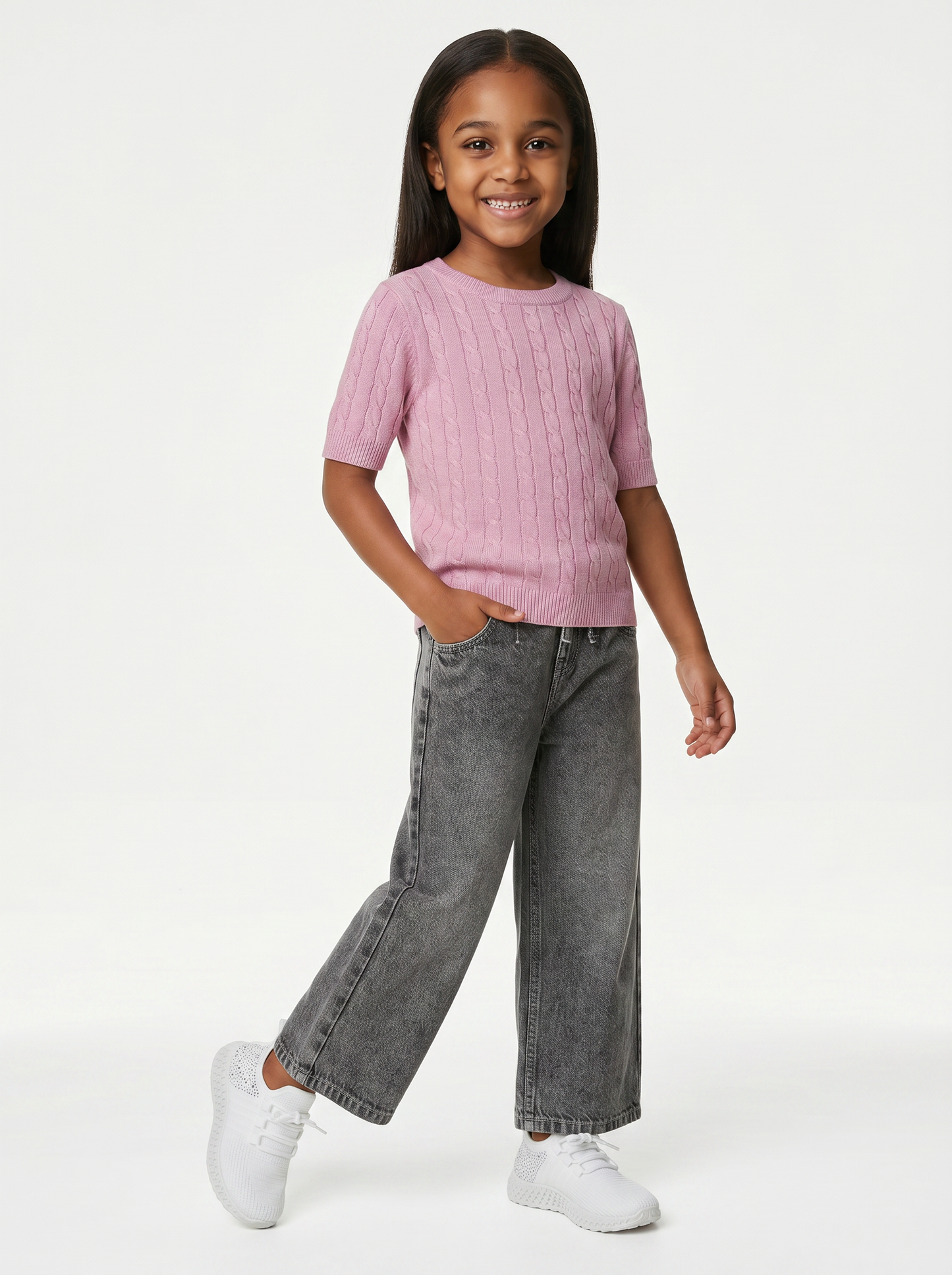 Pullover a mezza manica con trecce - Rosa polvere