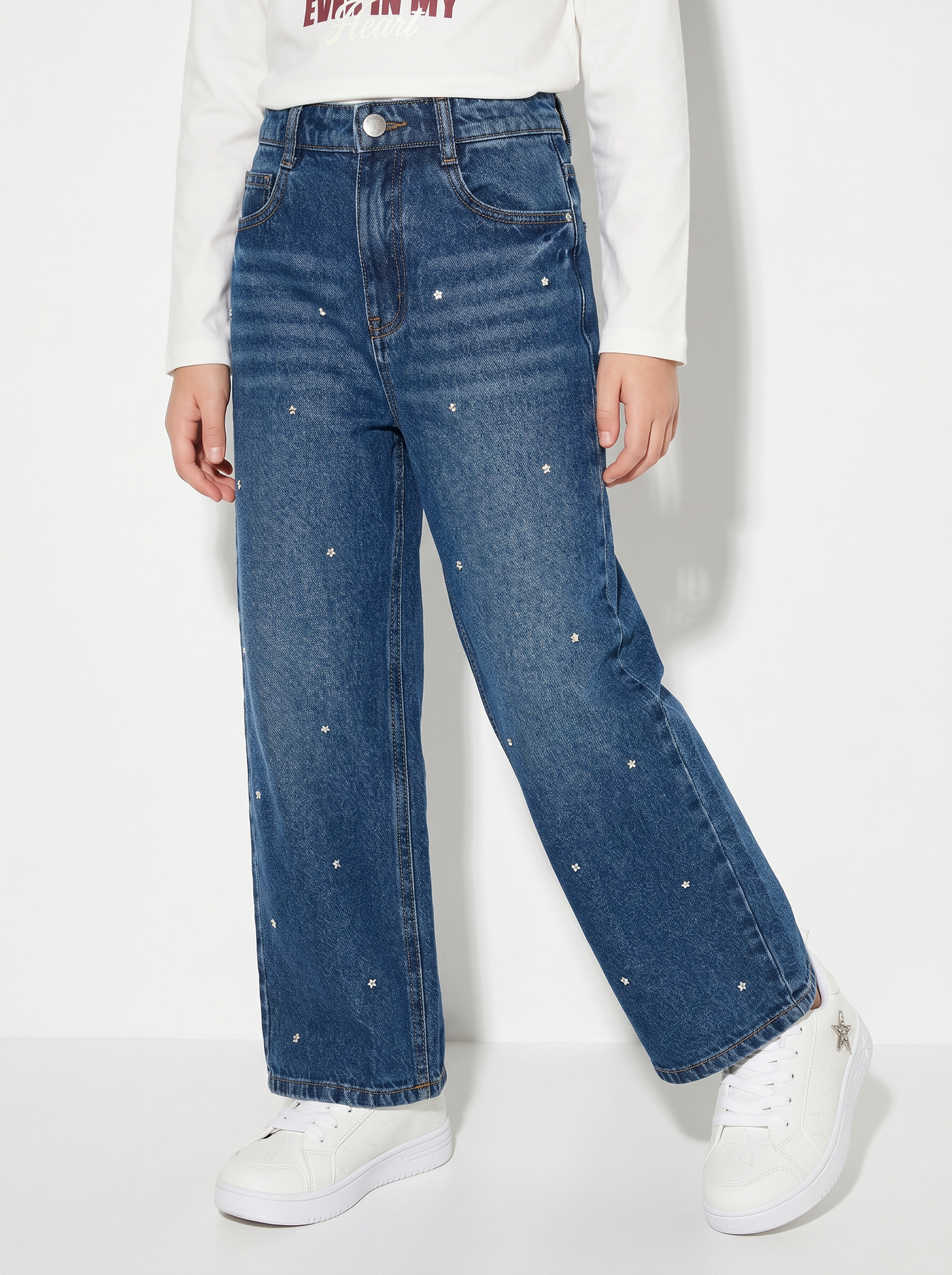 Jeans wide leg in cotone con strass - Denim