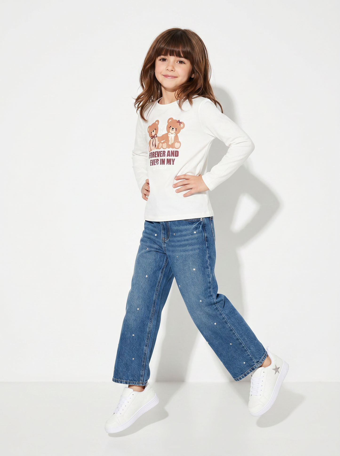 Jeans wide leg in cotone con strass - Denim