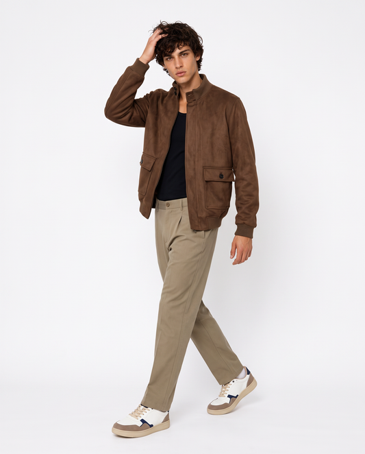 Suede-effect jacket with high collar - Brown