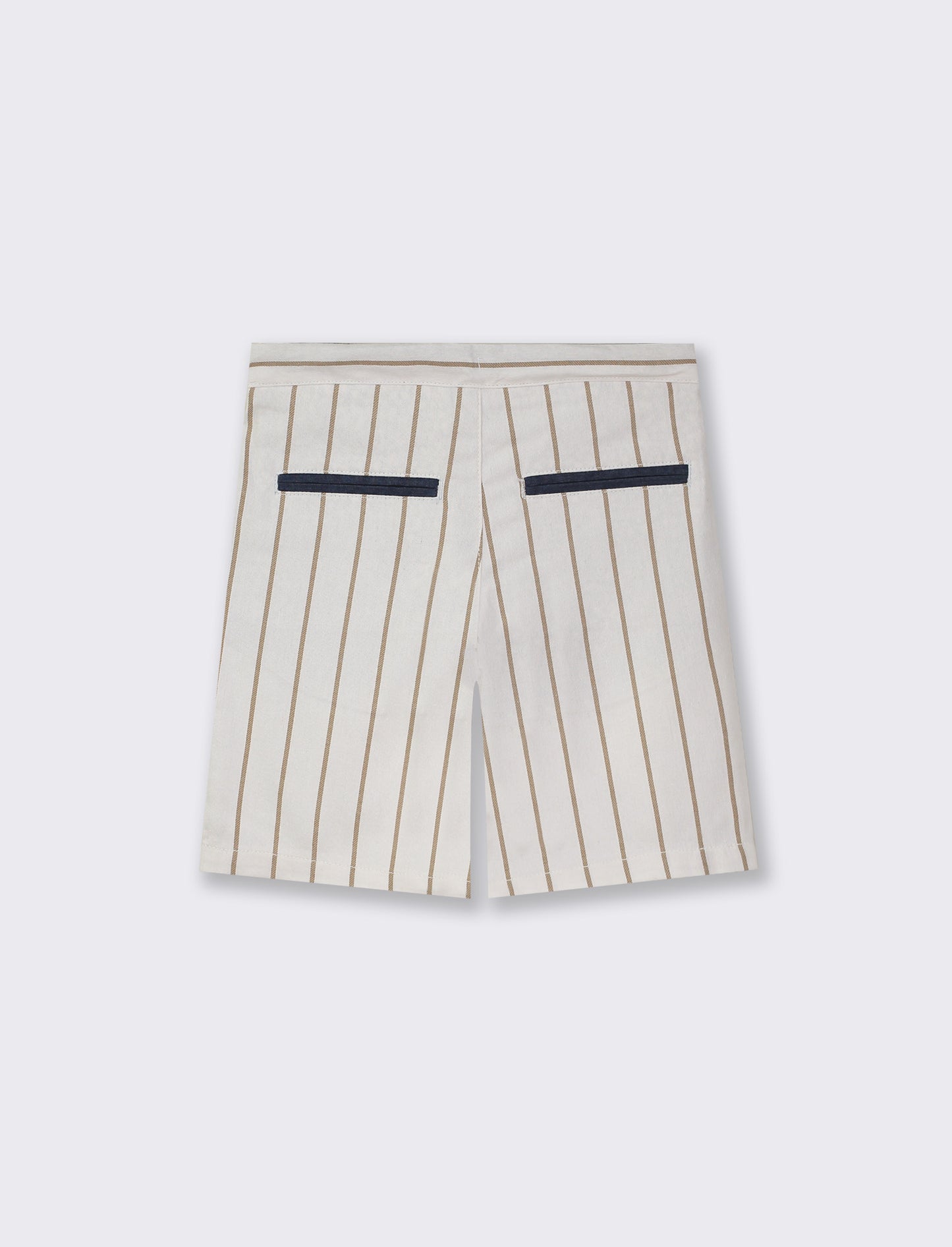 Striped Linen Blend Bermuda Shorts with Waist Ties - Beige