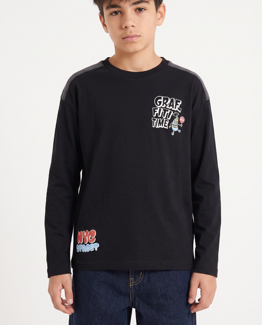 T-shirt girocollo in jersey peach con stampa - Nero
