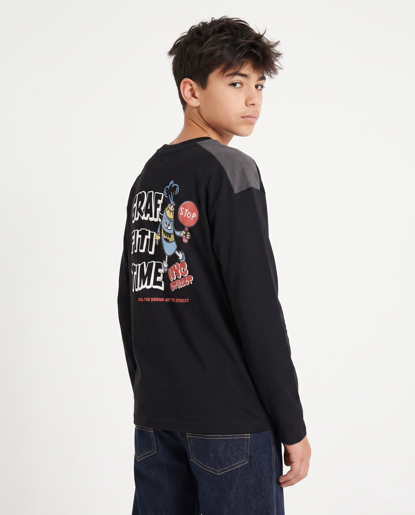 Peach jersey crew neck T-shirt with print - Black