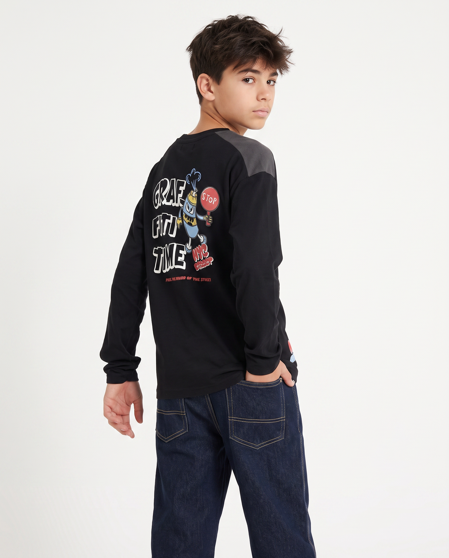 Peach jersey crew neck T-shirt with print - Black