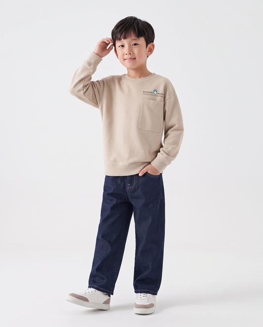 Felpa over calda con maxi tasca e stampa - Beige