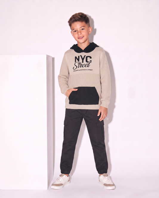 Hooded sweater with jacquard pouch - Beige