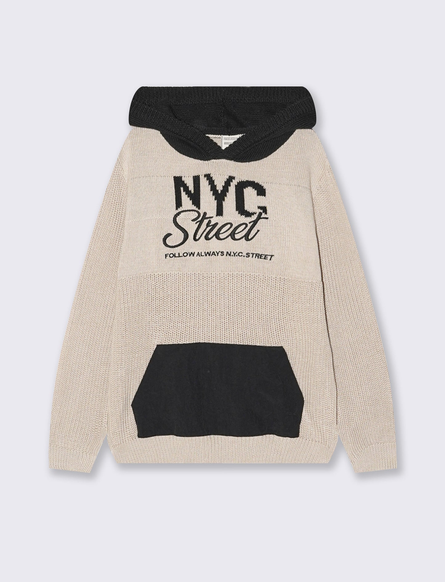Hooded sweater with jacquard pouch - Beige