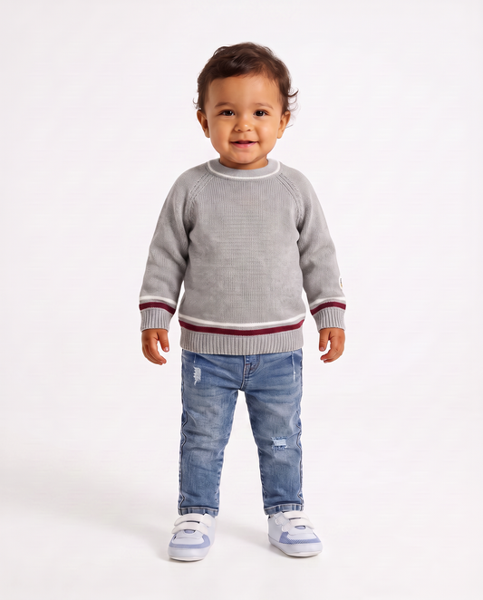 Crewneck sweater with contrasting stripes - Grey